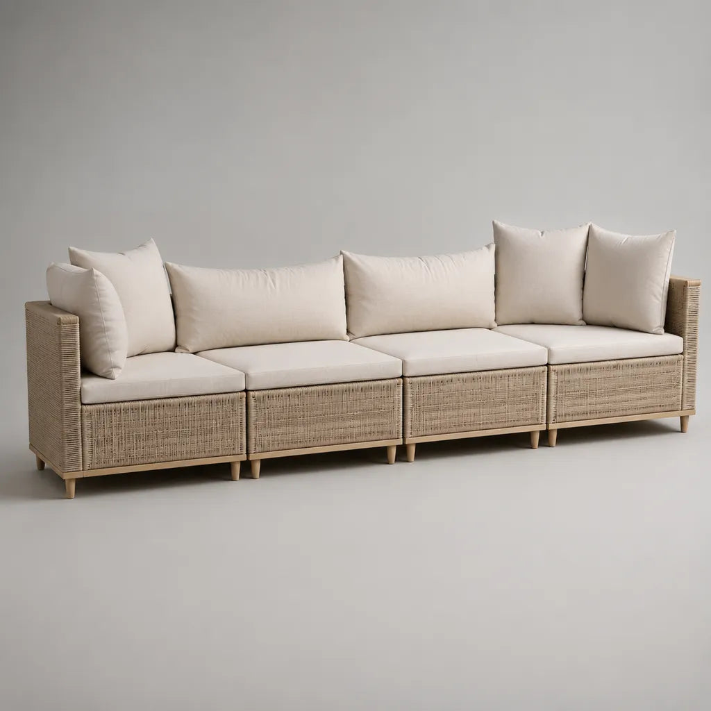 4 posti a destra divano da giardino modulare in resina intrecciata beige con cuscini ecru, 300 × 80 × 72 cm