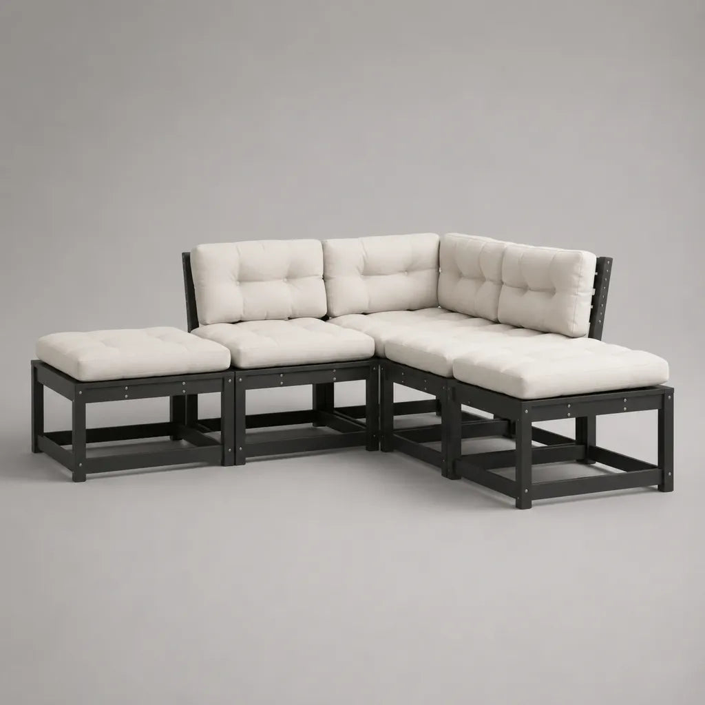Divano angolo giardino modulabile 5 pezzi in pino massiccio nero e tessuto bianco panna, 210 × 140 × 67 cm