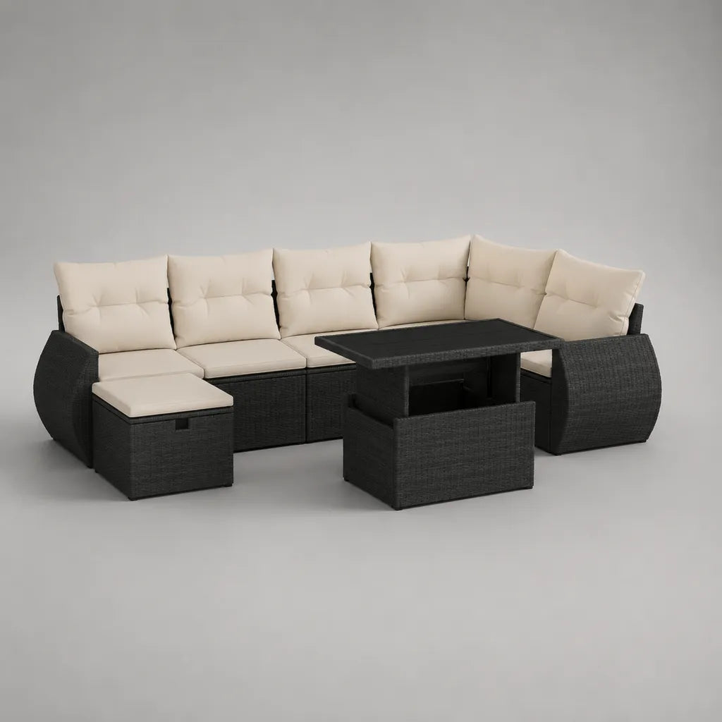 Sala da giardino angolo 9 pezzi, 8 sedili, PE e resina intrecciata in acciaio, con tavolo rettangolare, 250 × 190 × 85 cm, nero e crema