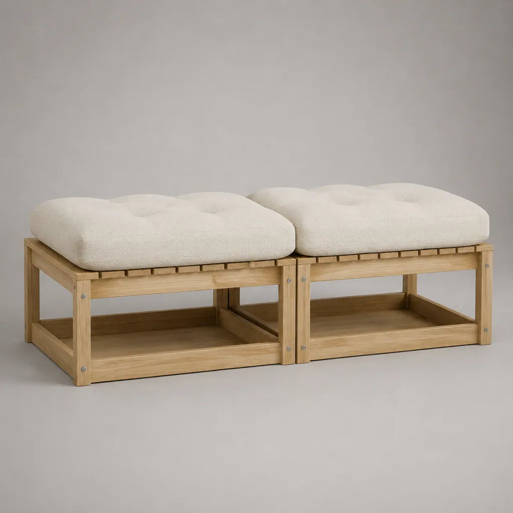 Divano da giardino modulare a 2 posti in legno con cuscini in tessuto ecru, 150 × 70 × 43 cm
