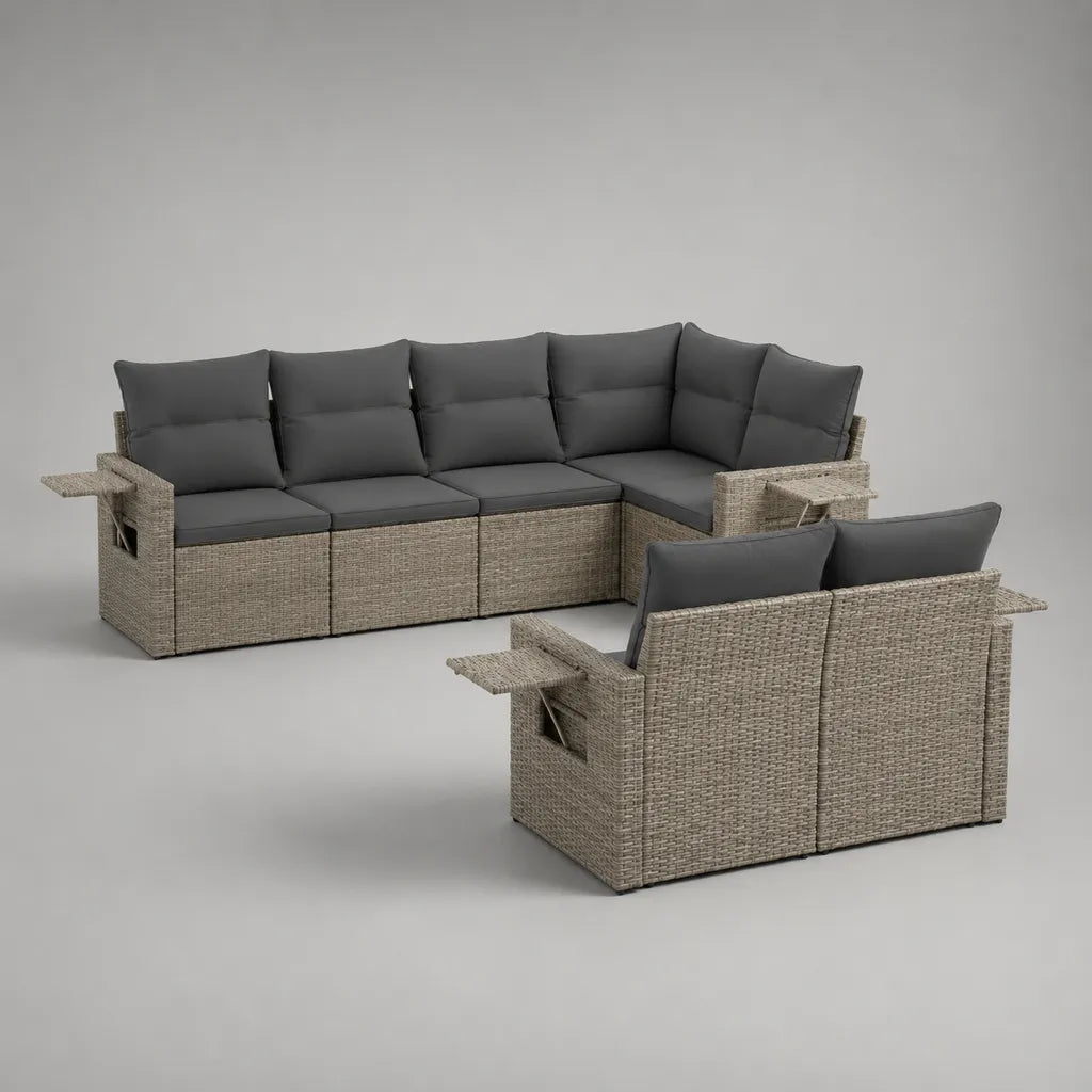 Divano da giardino a 6 posti in resina intrecciata e acciaio, taupe e grigio antracite, divano angolare 260 × 195 × 85 cm e panchina 145 × 80 × 85 cm