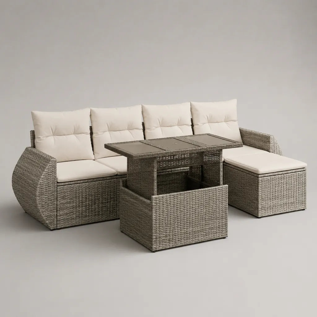 Salone da giardino a 4 posti con meridiano dritto e tavolo estraibile in resina intrecciata e acciaio, talpa e beige, 245 × 175 × 85 cm