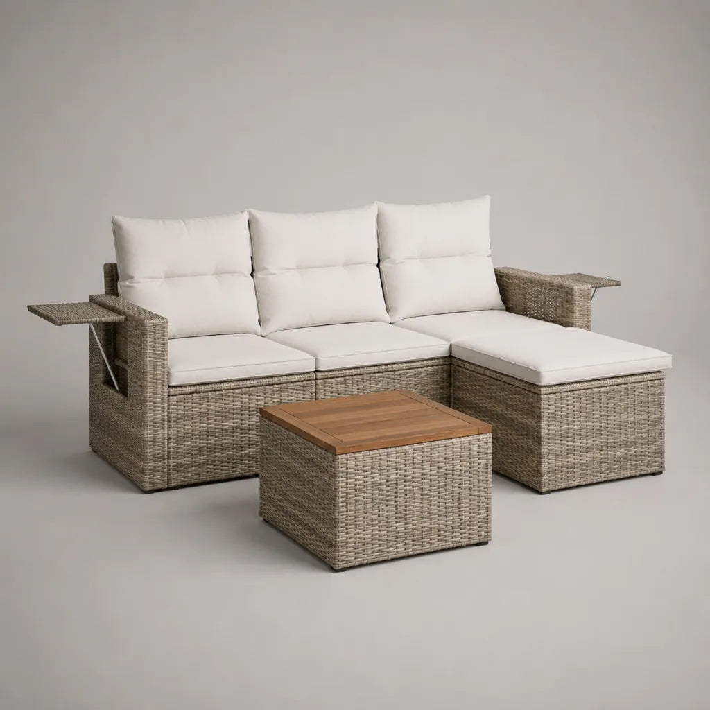 Giardino esterno soggiorno 3 camere con divano angolo 3 posti a sedere in resina intrecciata, meridiano e tavolo quadrato, talpa cinese, bianco rotto e marrone, 210 × 145 × 86 cm