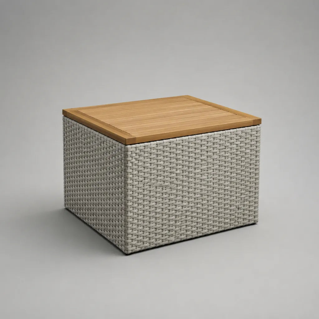 Tavolo esterno quadrato in PE rattan e legno di acacia, grigio chiaro e naturale, 50 × 50 × 45 cm