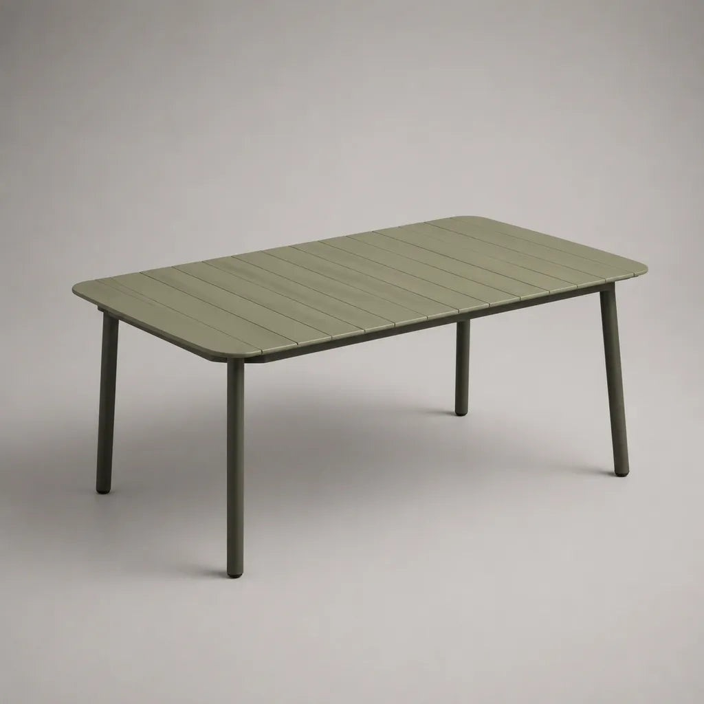 Tavolo da giardino rettangolare in alluminio verde oliva, 150 × 90 × 74 cm