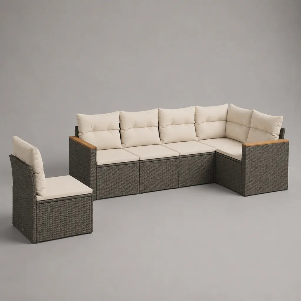 Set divano angolo giardino modulabile 6 posti in resina intrecciata grigia scuro con cuscini beige, 260 × 195 × 73 cm