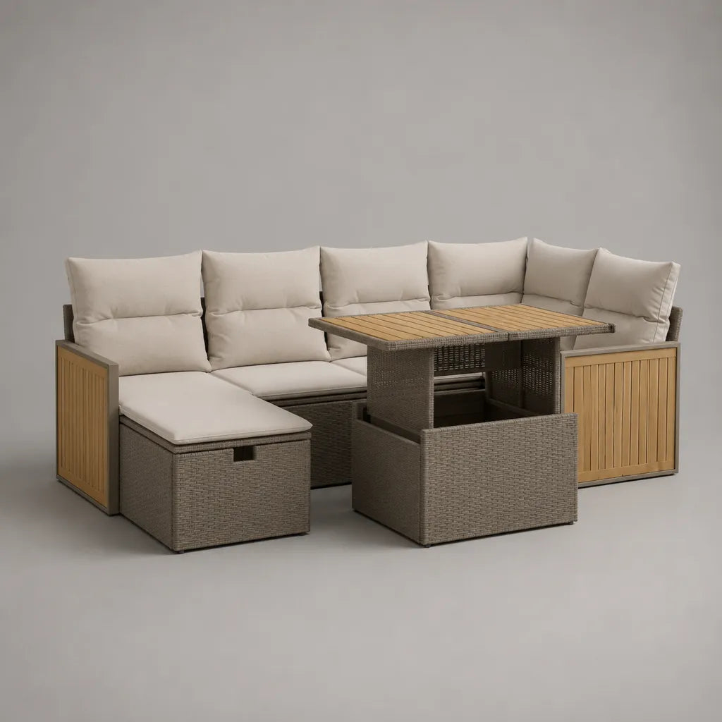 Giardino esterno soggiorno con divano angolare con petto e tavolo estraibile in resina intrecciata PE e legno di acacia, grigio taupe, beige e marrone naturale, 240 × 180 × 90 cm