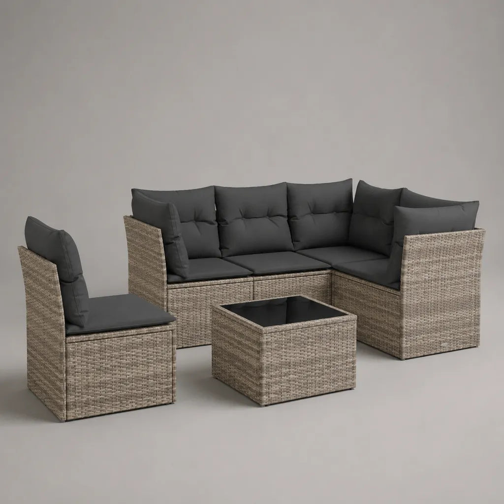 Giardino esterno 3 camere, 5 posti a sedere, resina intrecciata con cuscini antracite, divano 220 × 150 × 78 cm, poltrona e tavolo quadrato