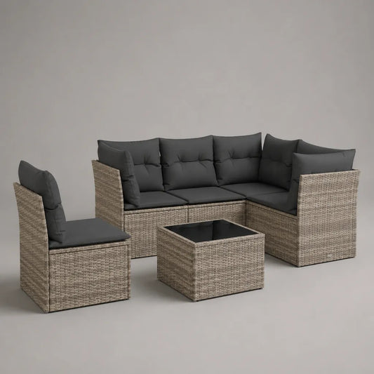 Giardino esterno 3 camere, 5 posti a sedere, resina intrecciata con cuscini antracite, divano 220 × 150 × 78 cm, poltrona e tavolo quadrato