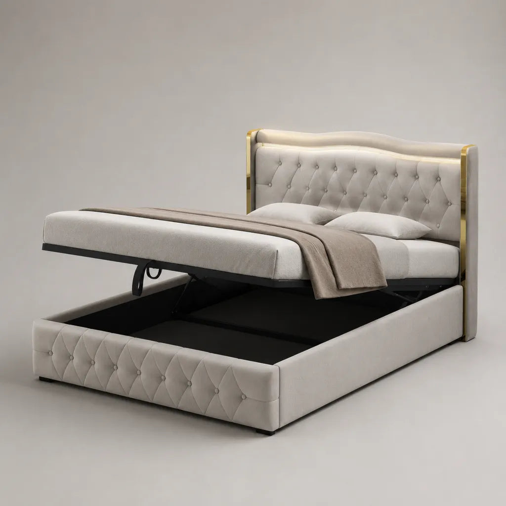 Cassa doppia lettino 160 × 200 cm in velluto grigio chiaro con testata imbottita e finiture in oro, 220 × 180 × 130 cm
