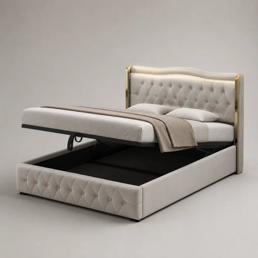 Cassa doppia lettino 160 × 200 cm in velluto grigio chiaro con testata imbottita e finiture in oro, 220 × 180 × 130 cm