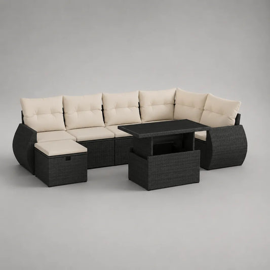 Sala da giardino angolo 9 pezzi, 8 sedili, PE e resina intrecciata in acciaio, con tavolo rettangolare, 250 × 190 × 85 cm, nero e crema