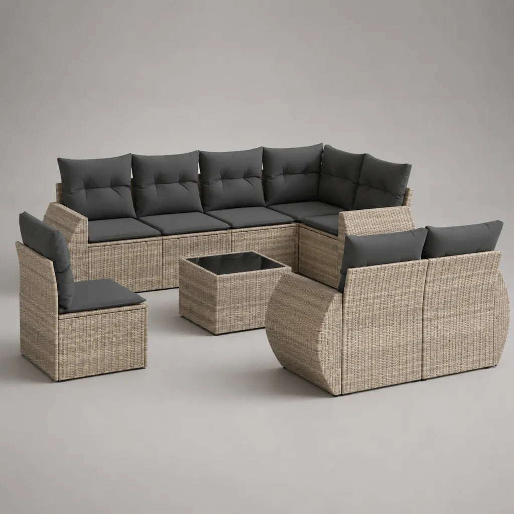 Mobili da giardino da esterno 9 camere in resina intrecciata e acciaio, divano angolo a 5 posti 260 × 140 × 74 cm, beige cinese e antracite