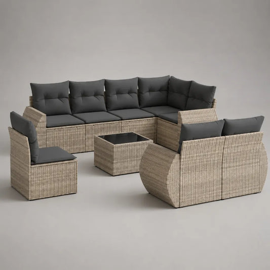 Mobili da giardino da esterno 9 camere in resina intrecciata e acciaio, divano angolo a 5 posti 260 × 140 × 74 cm, beige cinese e antracite