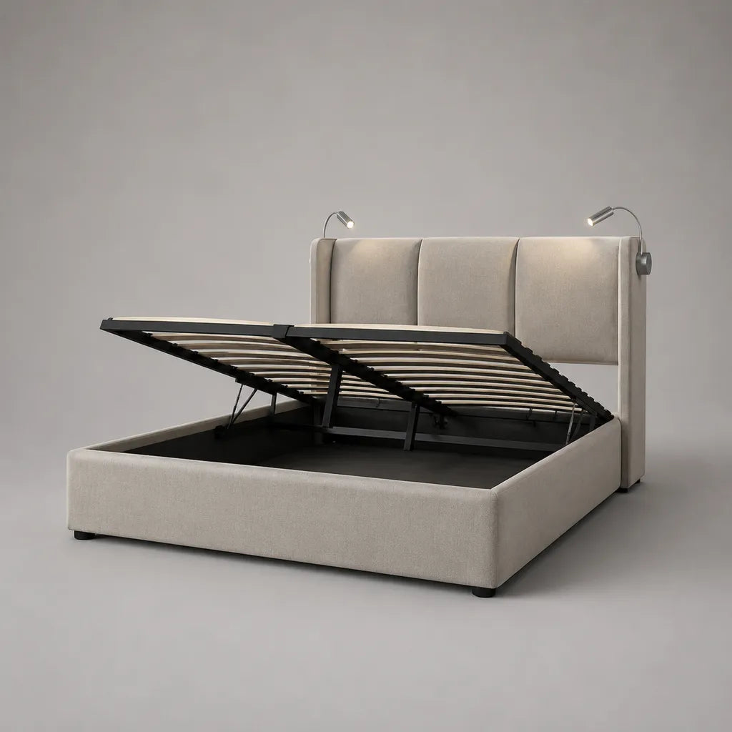 Letto petto doppio 160 × 200 cm in tessuto beige con molla estraibile e 2 lampade LED