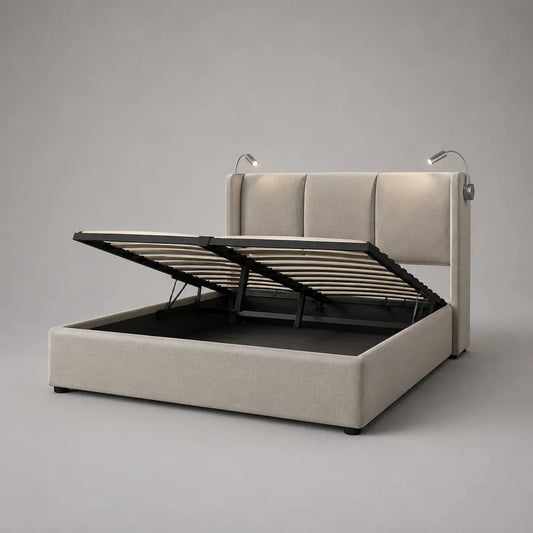 Letto petto doppio 160 × 200 cm in tessuto beige con molla estraibile e 2 lampade LED