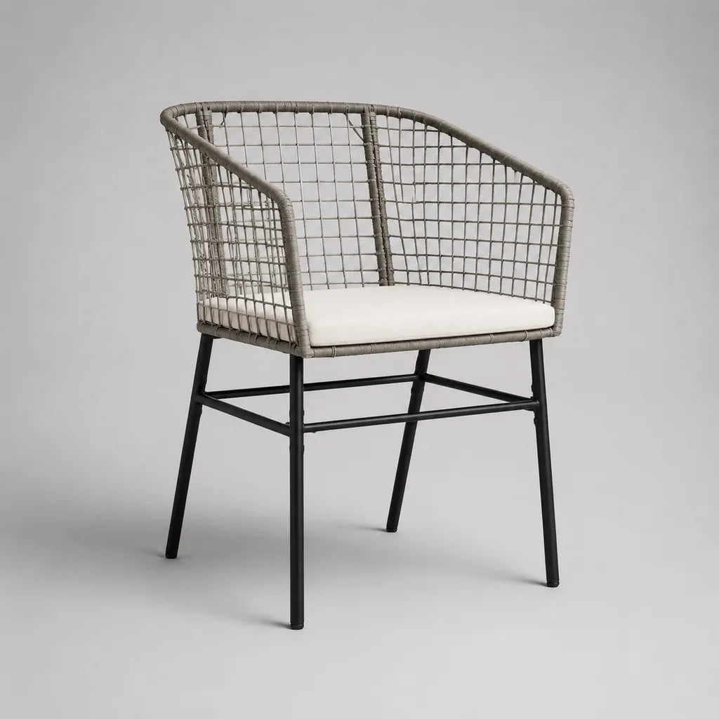 Sedia da giardino con braccioli in acciaio e cordone in PE grigio, cuscino bianco, 58 × 60 × 82 cm
