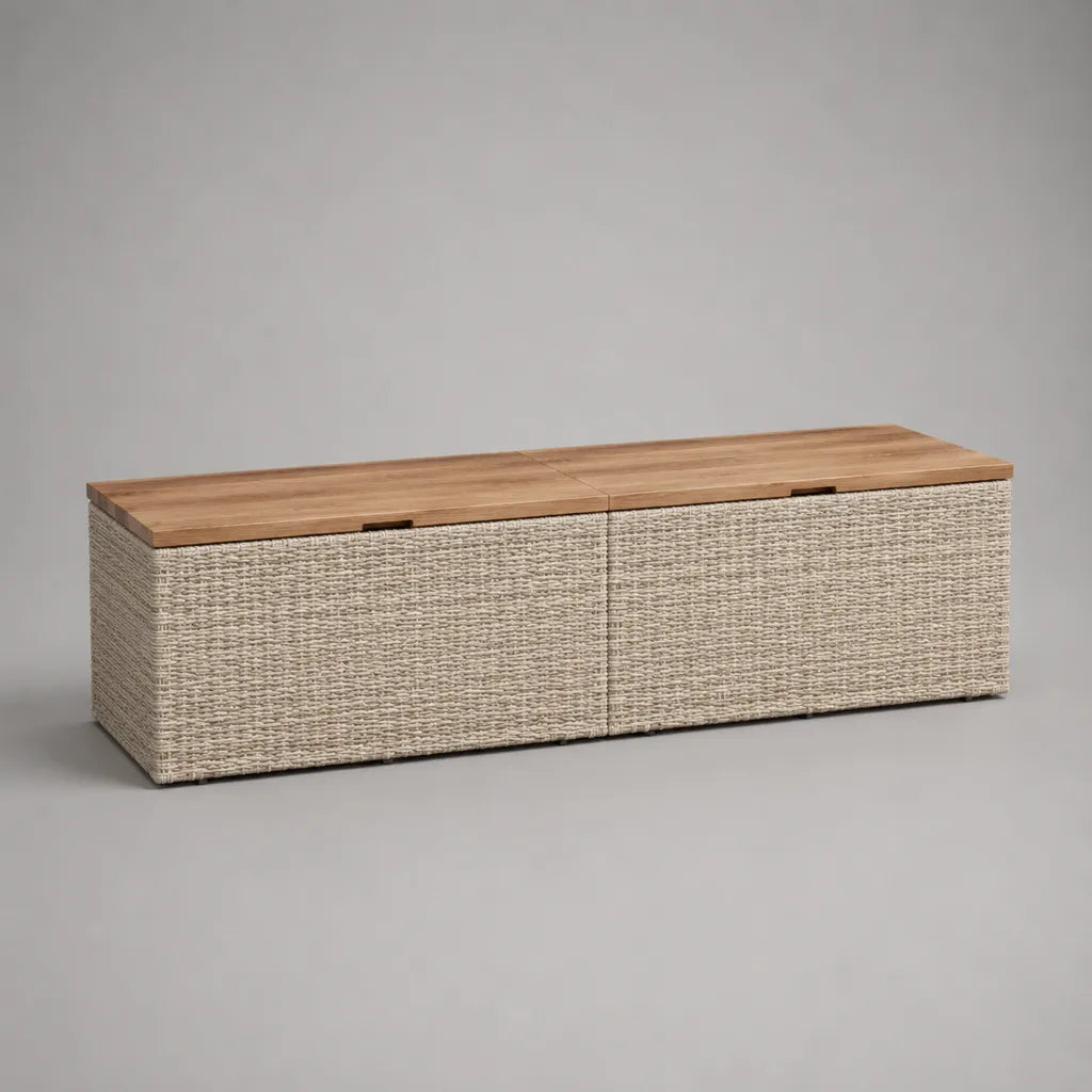Scatola esterna in resina intrecciata in PE e legno massello, beige e marrone, 160 × 50 × 55 cm
