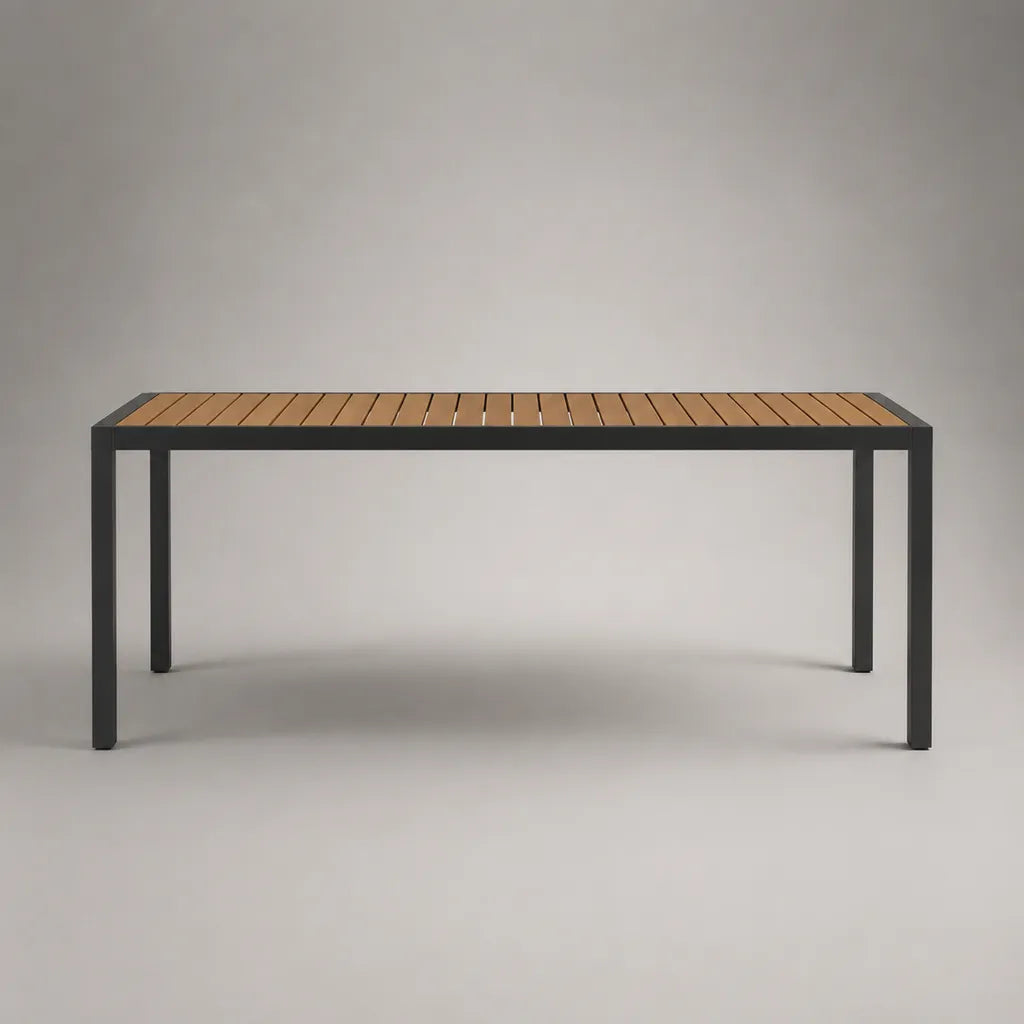 Tavolo da giardino rettangolare in legno e acciaio, marrone e antracite, 150 × 90 × 75 cm