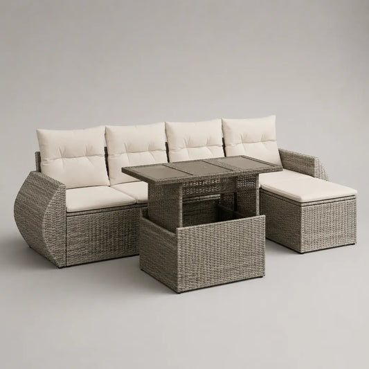Salone da giardino a 4 posti con meridiano dritto e tavolo estraibile in resina intrecciata e acciaio, talpa e beige, 245 × 175 × 85 cm
