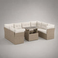 Soggiorno esterno set 7 posti con divano angolo, tavolo e sgabello in resina intrecciata beige, cuscini bianchi rotti, 230 × 180 × 74 cm