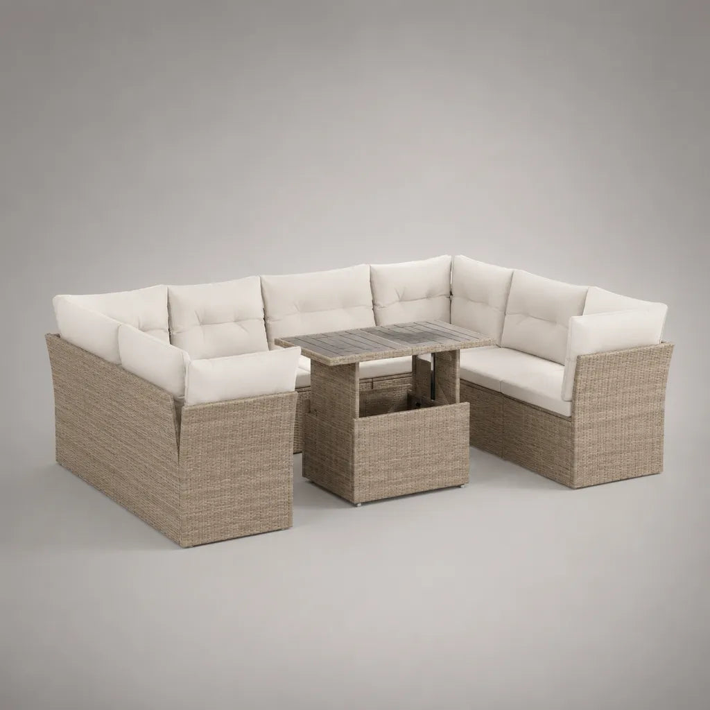 Soggiorno esterno set 7 posti con divano angolo, tavolo e sgabello in resina intrecciata beige, cuscini bianchi rotti, 230 × 180 × 74 cm
