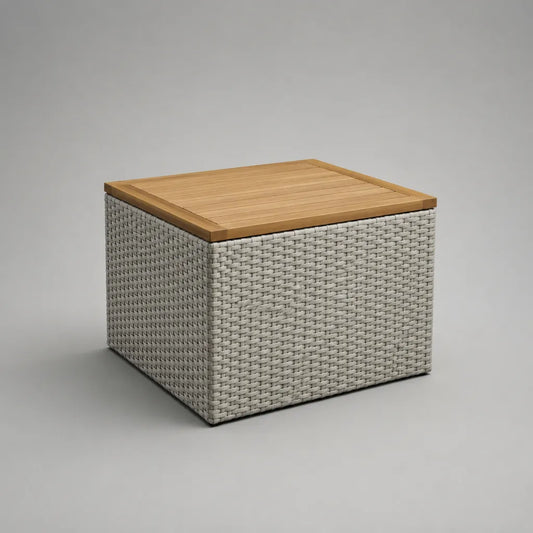 Tavolo esterno quadrato in PE rattan e legno di acacia, grigio chiaro e naturale, 50 × 50 × 45 cm